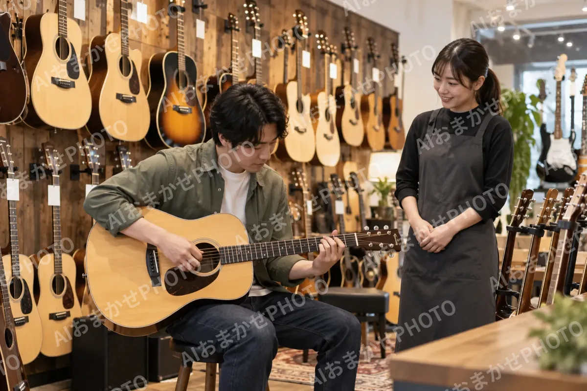 壁にギターがずらりとかかった売り場（楽器店・レコードの写真 No.34）