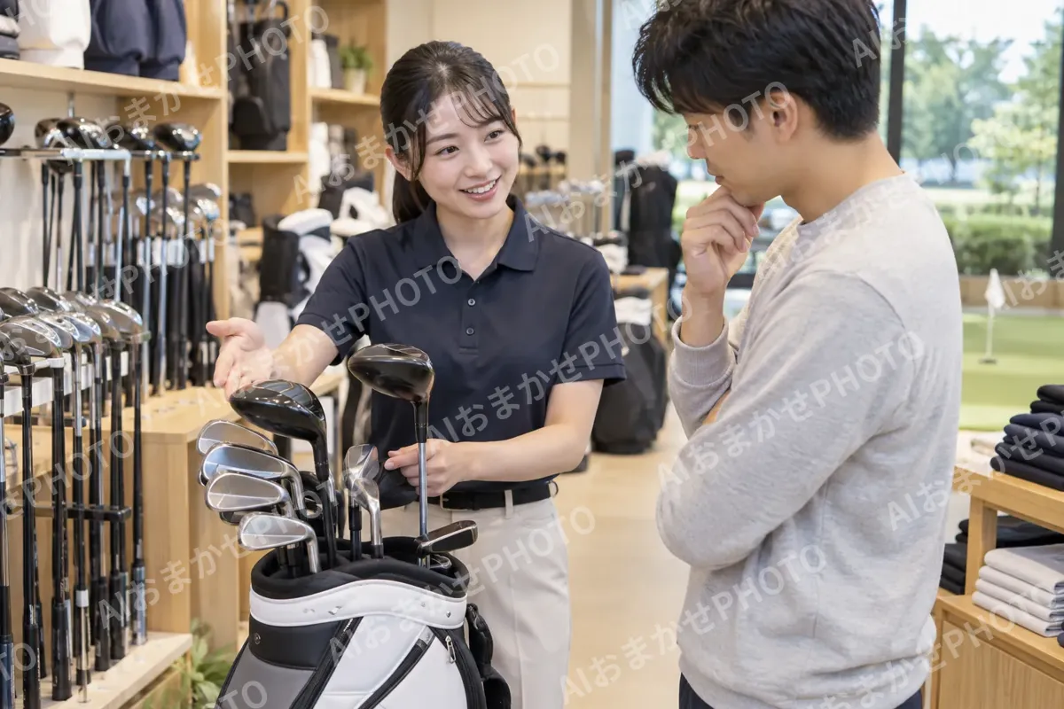 はじめての人にクラブのセットをすすめる店員（ゴルフショップ・ゴルフ用品の写真 No.25）