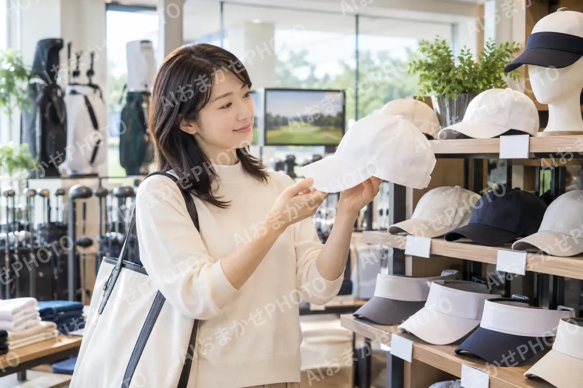 帽子とサンバイザーの売り場で選ぶお客様（ゴルフショップ・ゴルフ用品の写真 No.27）
