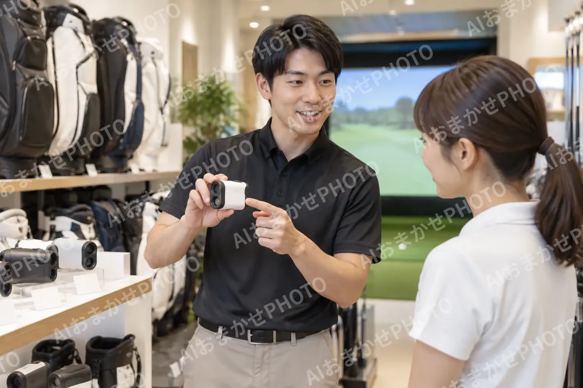 距離を測る機械を説明する店員（ゴルフショップ・ゴルフ用品の写真 No.29）