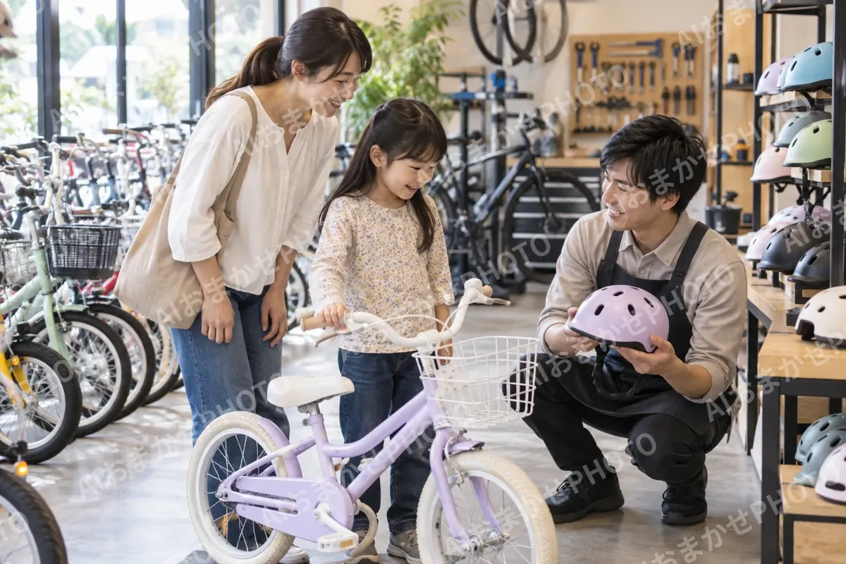 子ども用の自転車とヘルメットをえらぶ親子と店員（自転車販売・修理の写真 No.38）