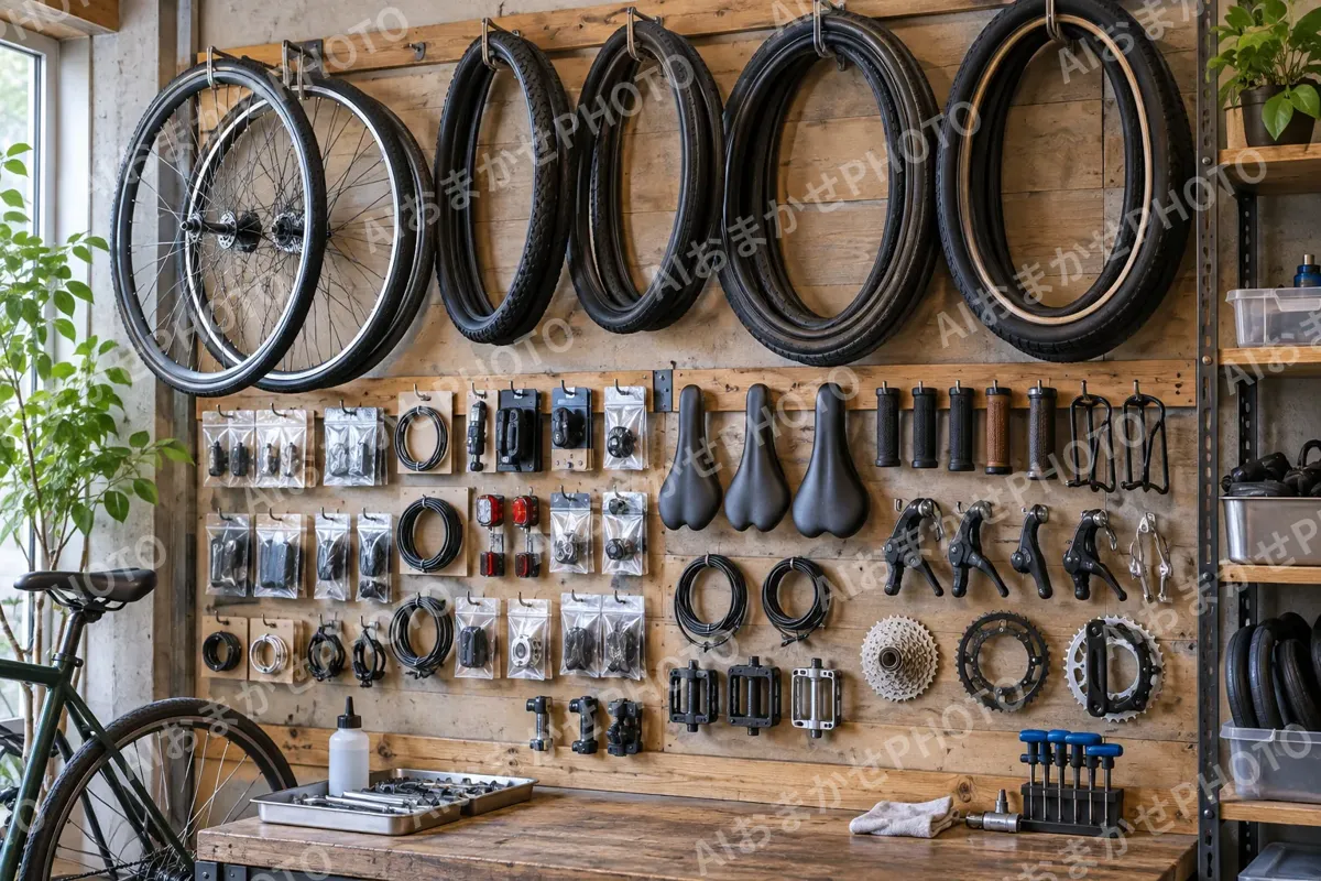 壁にかかったタイヤと部品（自転車販売・修理の写真 No.42）