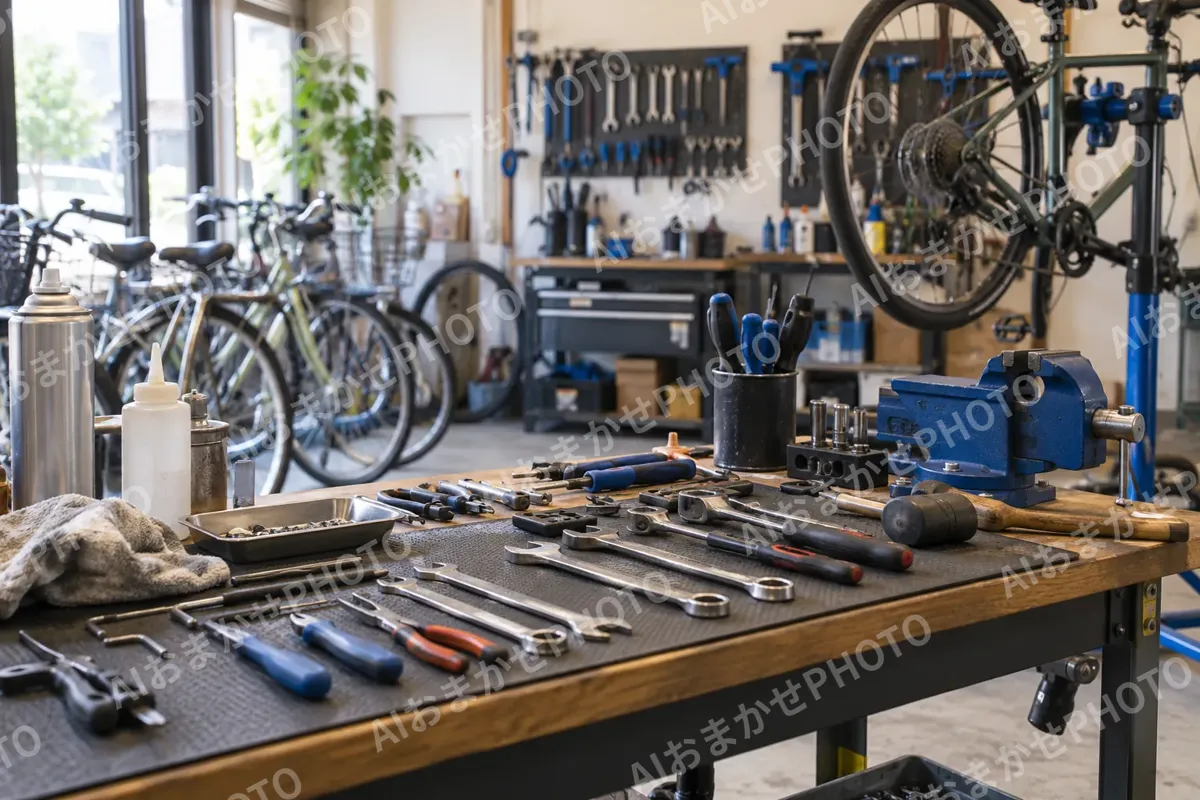工具が並んだ作業台（自転車販売・修理の写真 No.43）