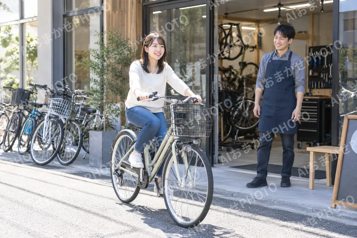 店の前で試し乗りをするお客様（自転車販売・修理の写真 No.46）