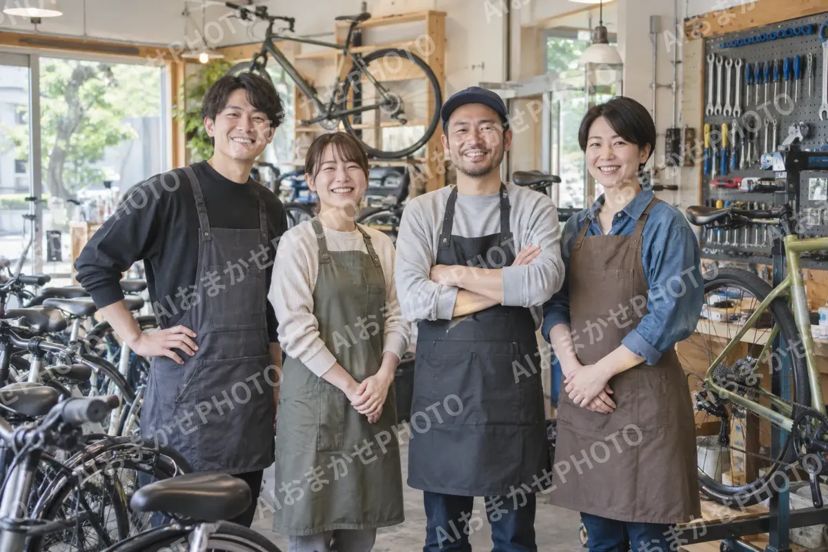 作業用のエプロンをつけた店員たちの集合写真（自転車販売・修理の写真 No.47）
