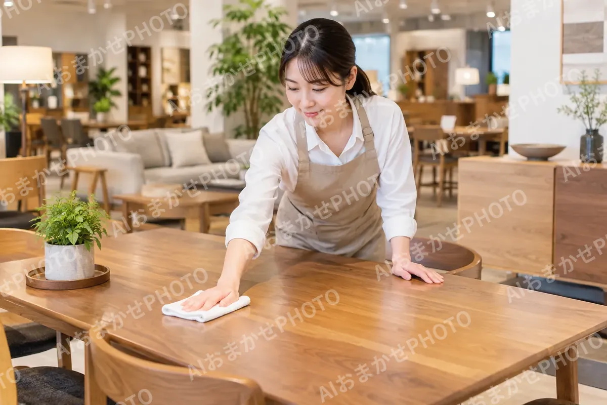 家具をふいて手入れをする店員（家具の写真 No.26）