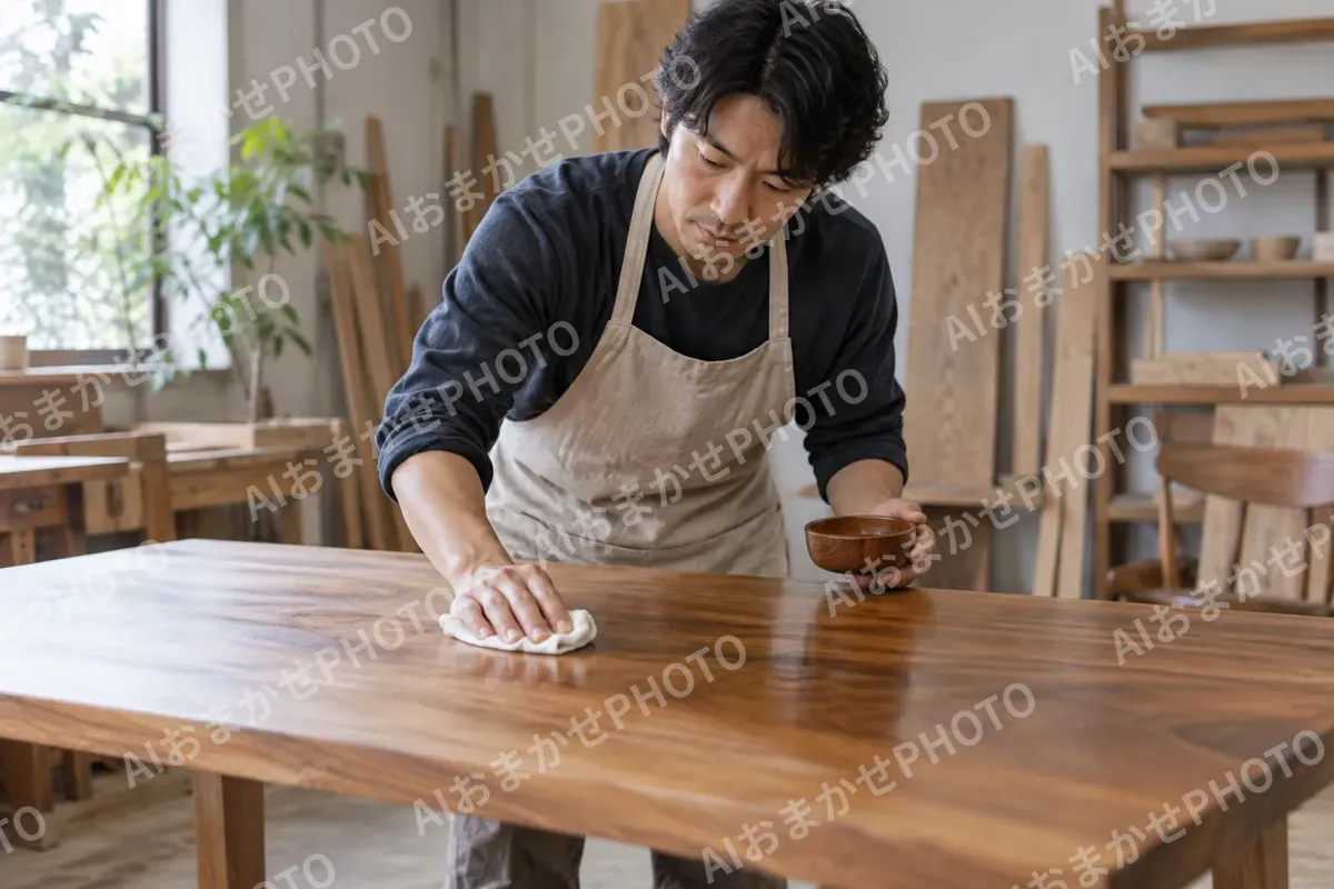 木のテーブルにオイルをぬる職人（家具の写真 No.27）