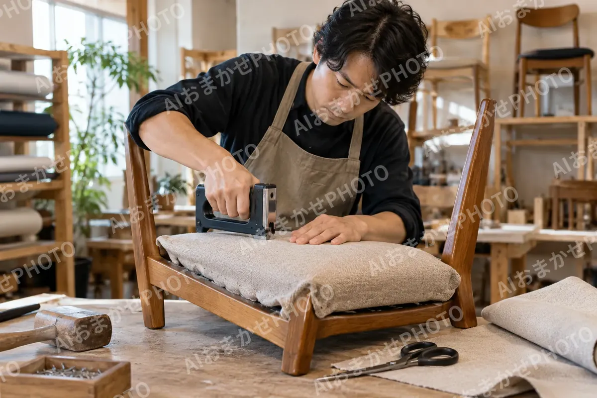 いすの座面を張りかえる職人（家具の写真 No.28）