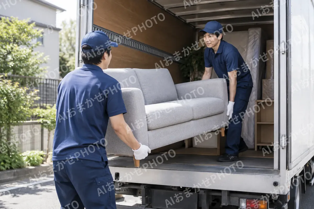 配送のトラックにソファを積む配送員たち（家具の写真 No.29）