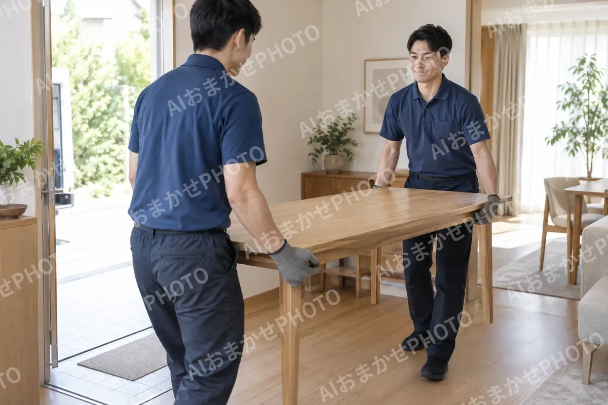 お客様の家にテーブルを運び入れる配送員たち（家具の写真 No.30）