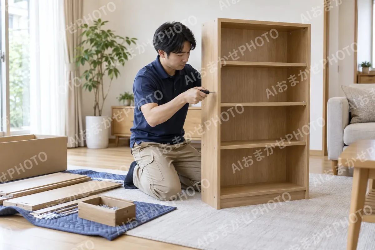 お客様の家で本だなを組み立てる配送員（家具の写真 No.31）