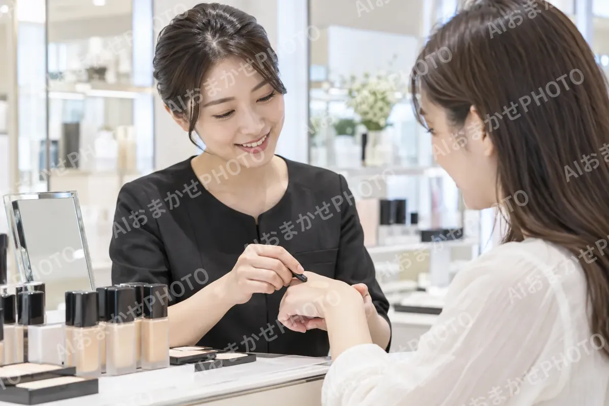 お客様の手の甲でファンデーションの色を合わせる店員（コスメ・化粧品の写真 No.26）
