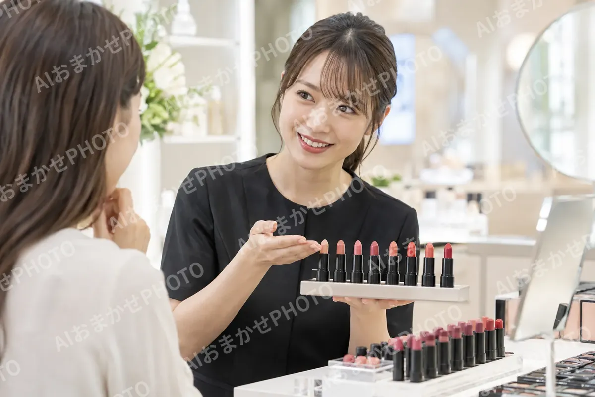 口紅の色を何本もならべて見せる店員（コスメ・化粧品の写真 No.27）