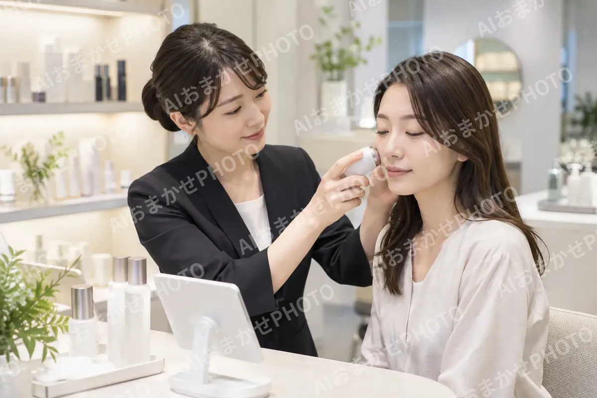 肌の水分を機械で測る店員（コスメ・化粧品の写真 No.30）