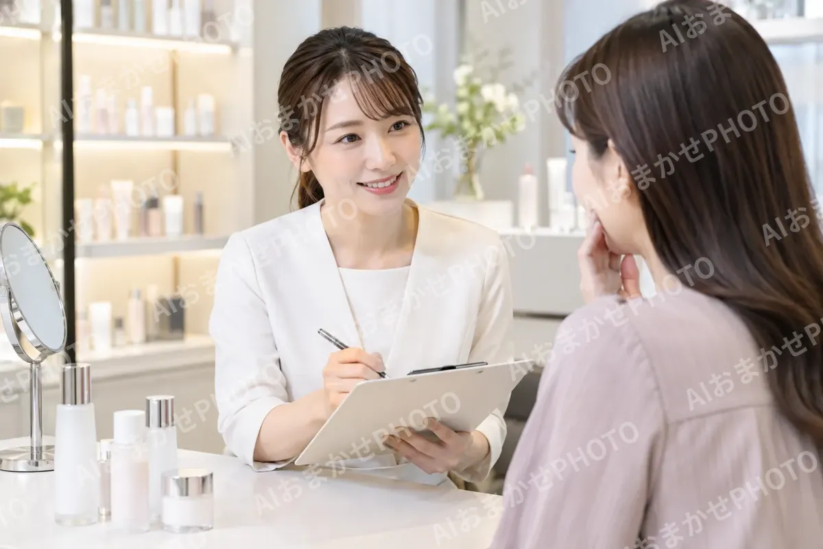 肌のなやみを聞いてカルテに書く店員（コスメ・化粧品の写真 No.31）