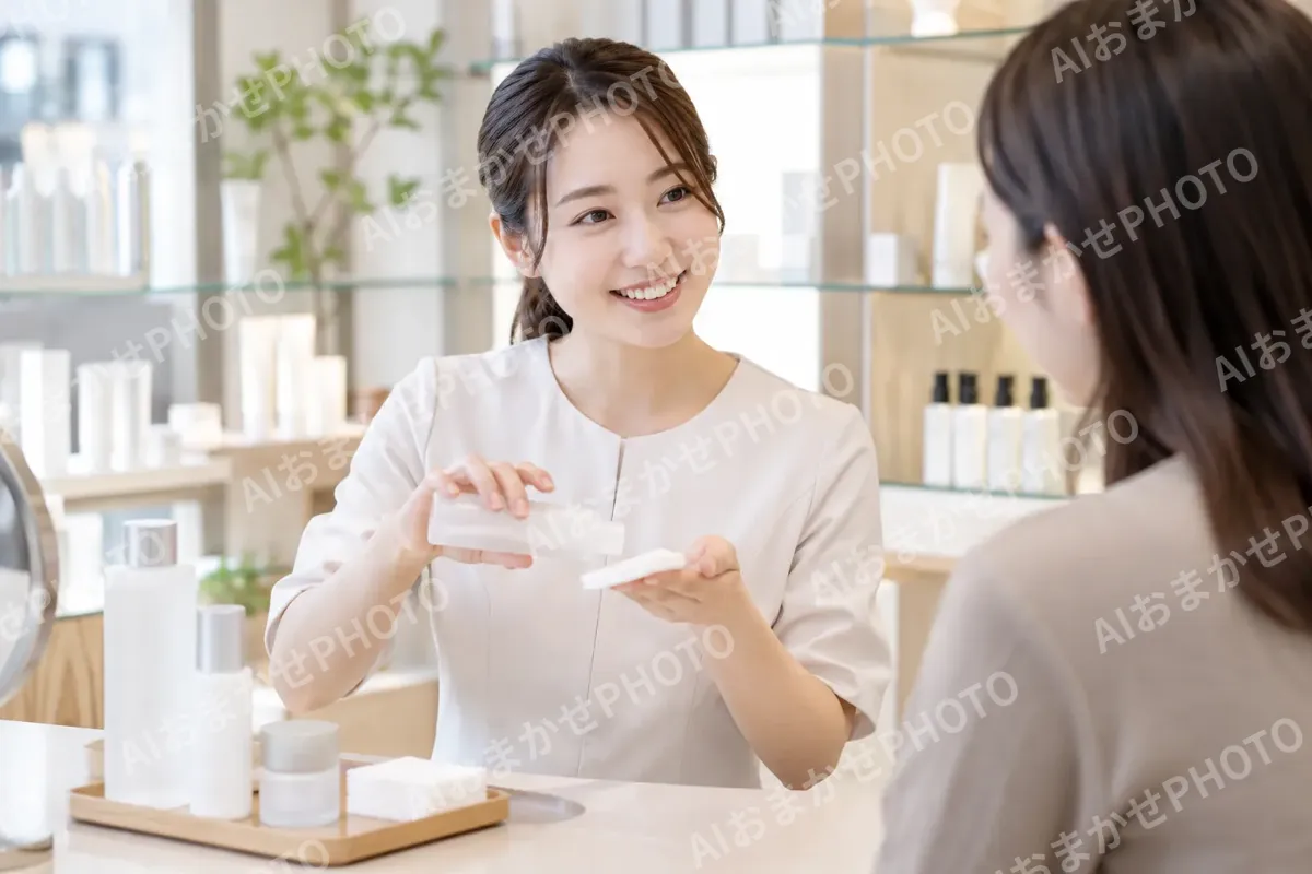 化粧水の使い方をコットンで見せる店員（コスメ・化粧品の写真 No.32）