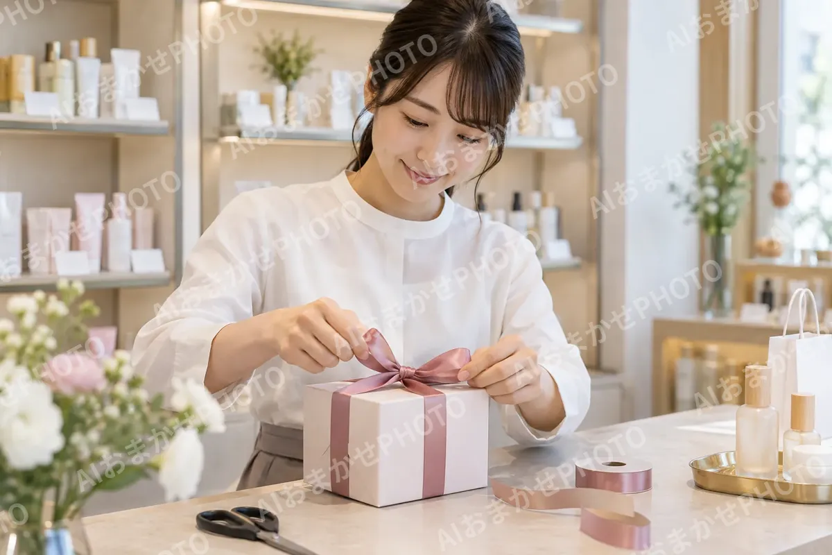 リボンをかけて包む店員（コスメ・化粧品の写真 No.40）