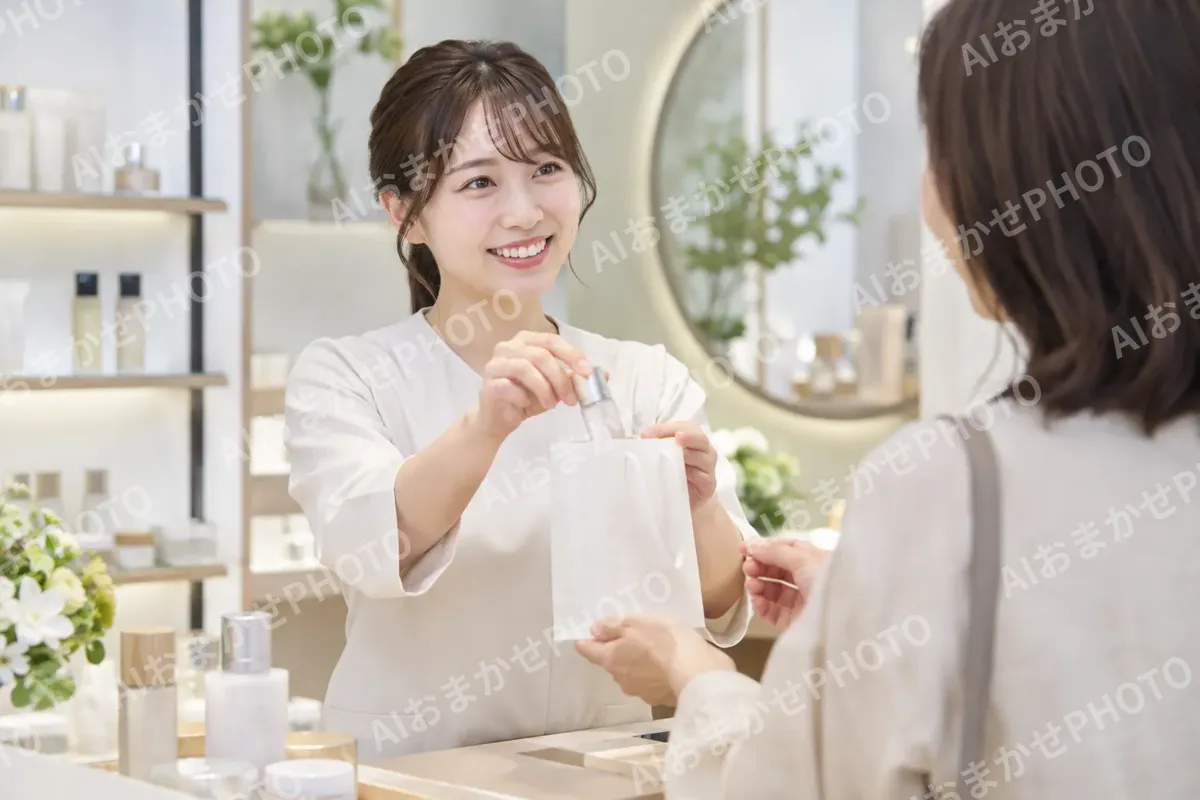 見本の小さなびんをふくろに入れてわたす店員（コスメ・化粧品の写真 No.41）