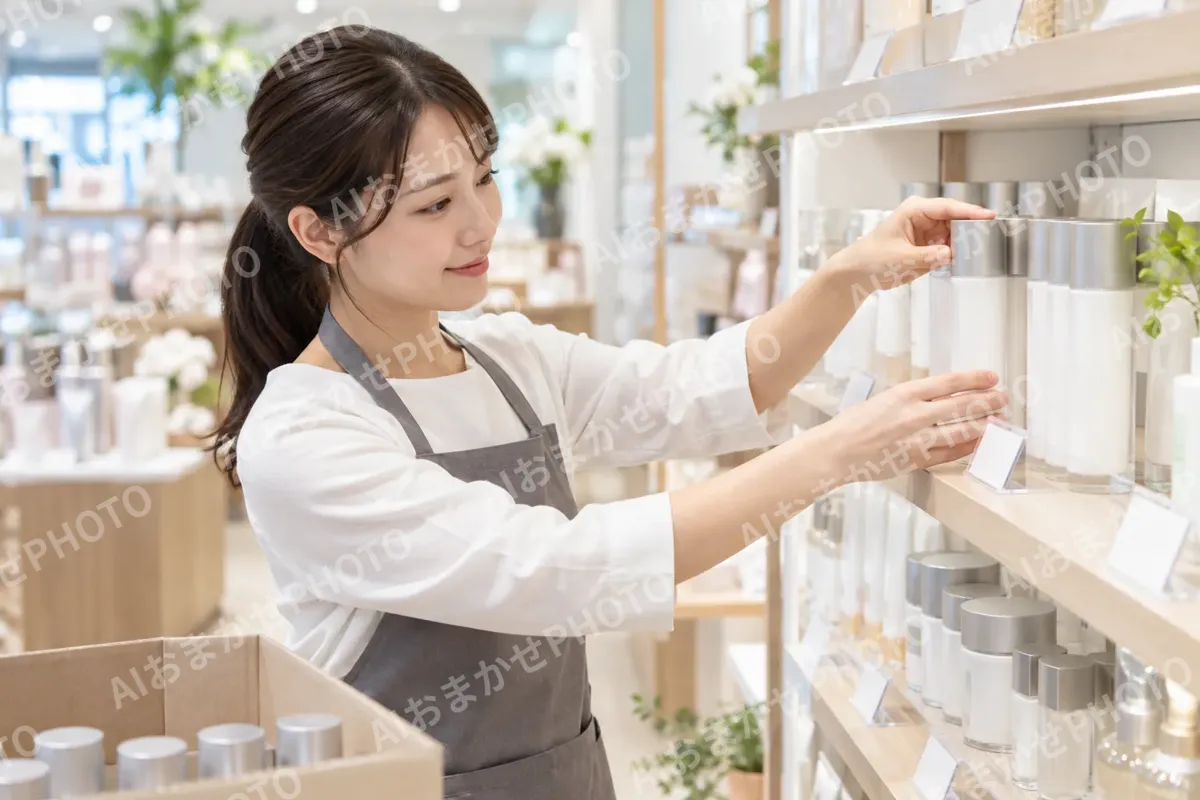 新しい商品を棚にならべる店員（コスメ・化粧品の写真 No.43）