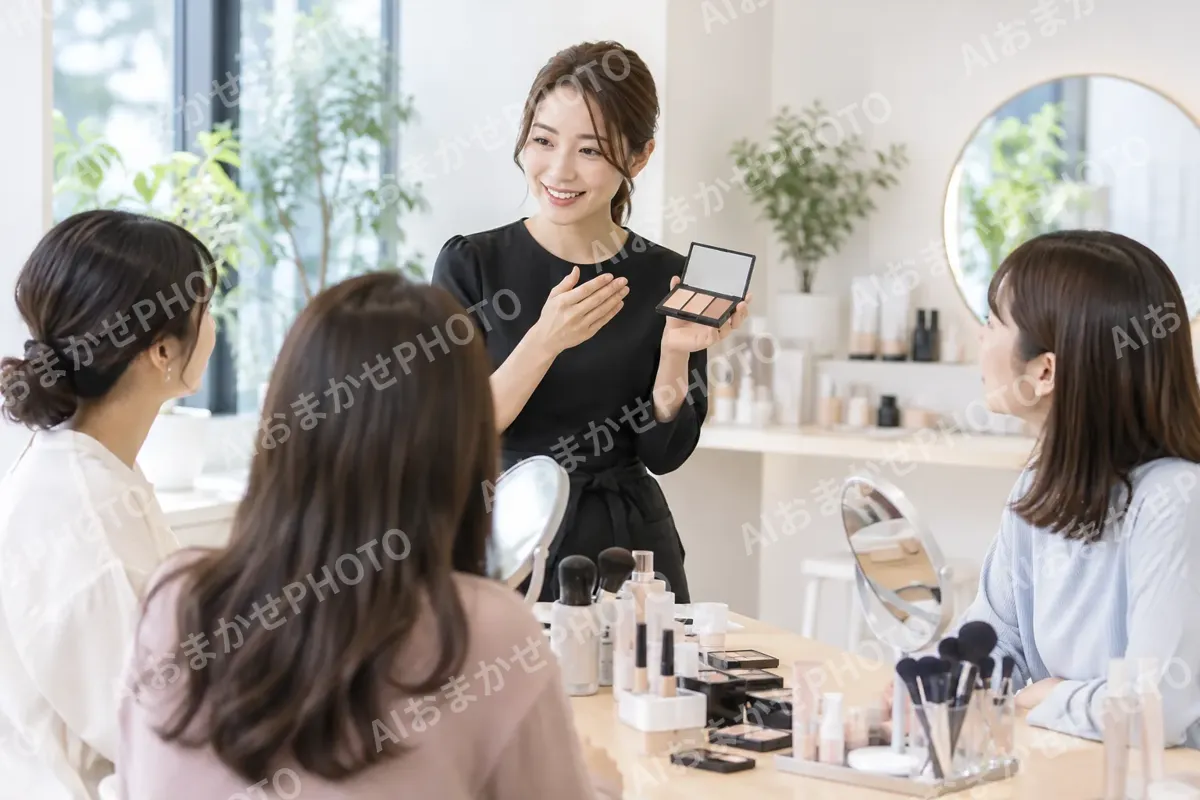 メイクの講習会で話す店員と参加者たち（コスメ・化粧品の写真 No.44）