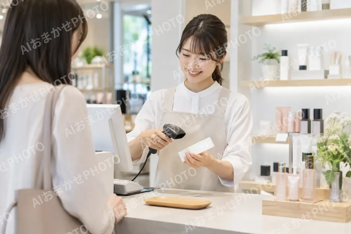 レジで会計をする店員（コスメ・化粧品の写真 No.46）