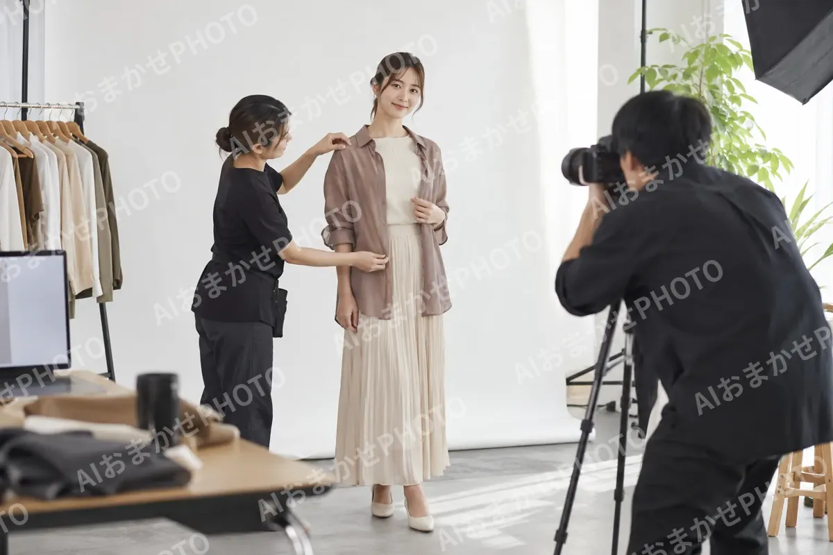 モデルに服を着せて撮影するスタッフたち（ネットショップ・通販の写真 No.26）