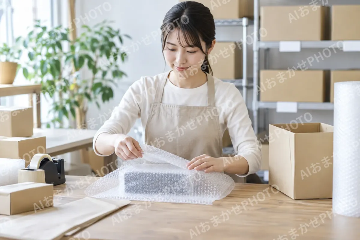 緩衝材で品物を包むスタッフ（ネットショップ・通販の写真 No.33）