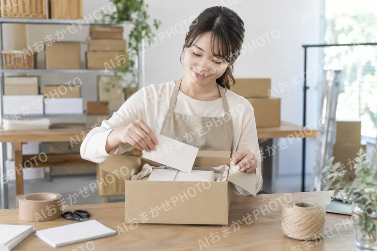 お礼のカードを箱に入れるスタッフ（ネットショップ・通販の写真 No.34）