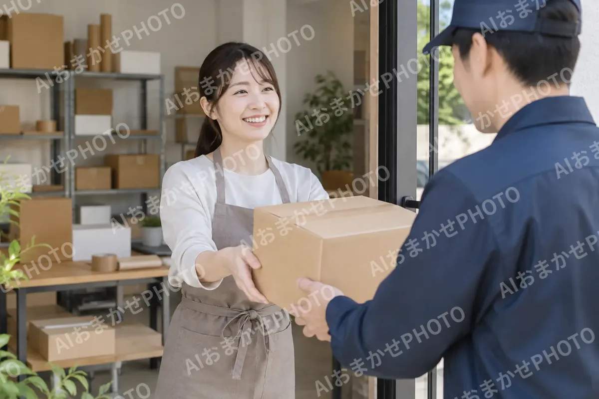 集荷に来た配達員に箱をわたすスタッフ（ネットショップ・通販の写真 No.36）