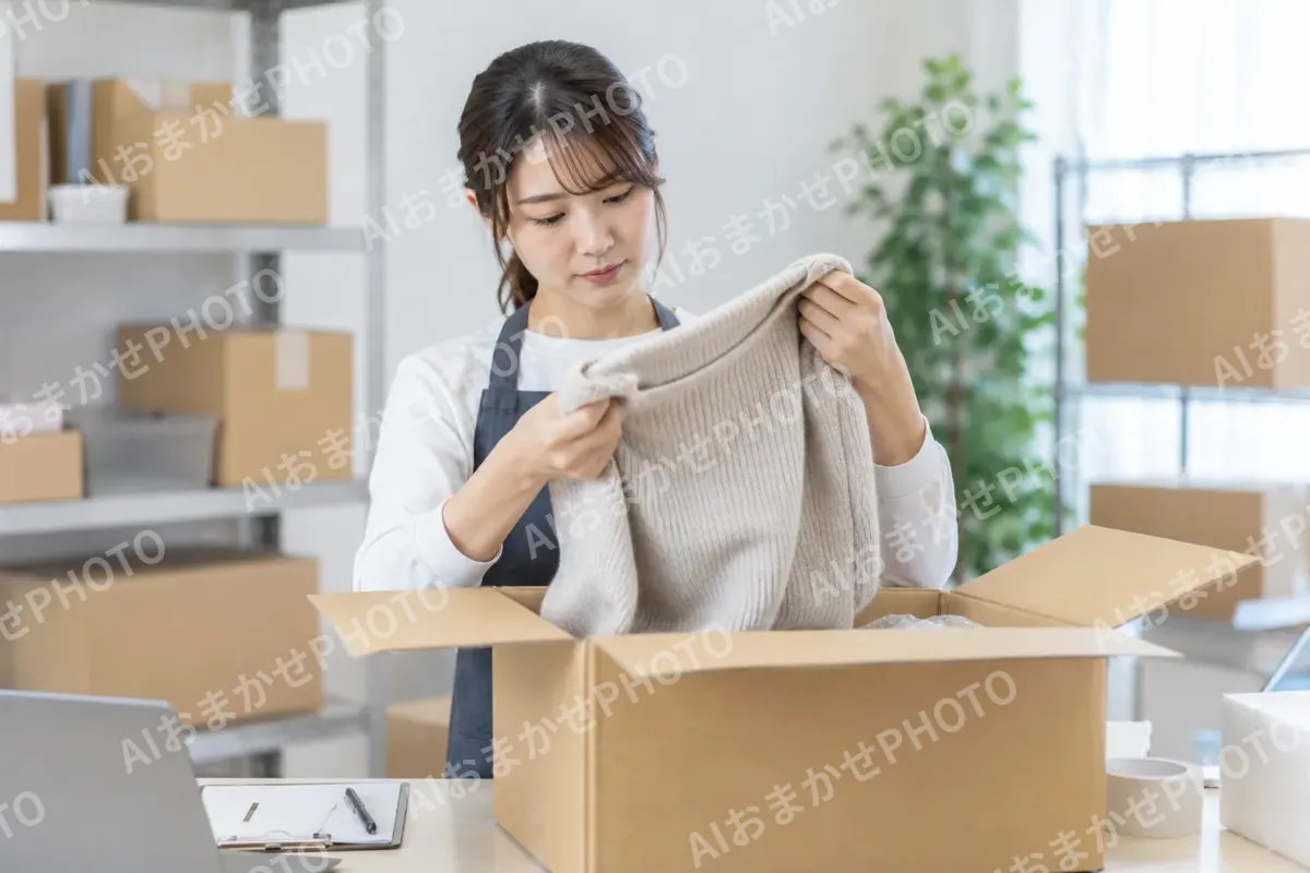 返品された品物を確かめるスタッフ（ネットショップ・通販の写真 No.39）
