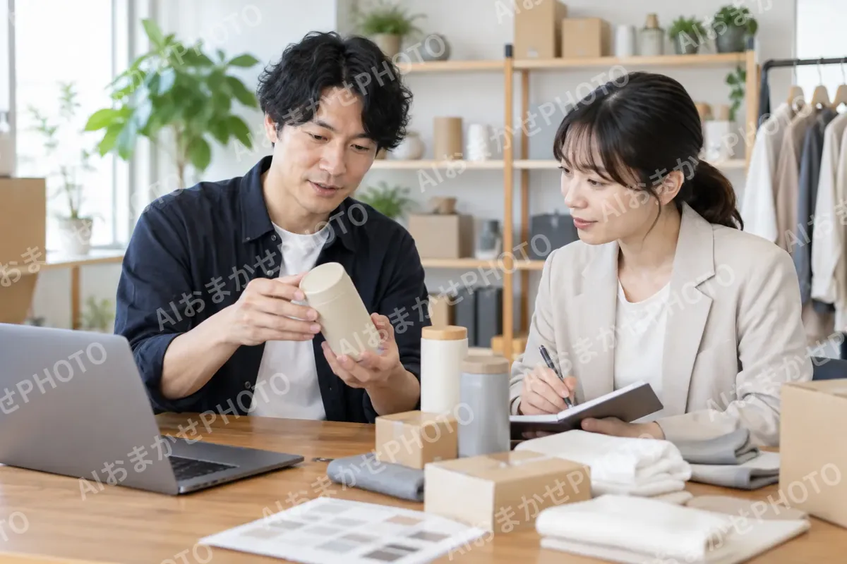 仕入れ先と商品の打ち合わせをする店主（ネットショップ・通販の写真 No.41）