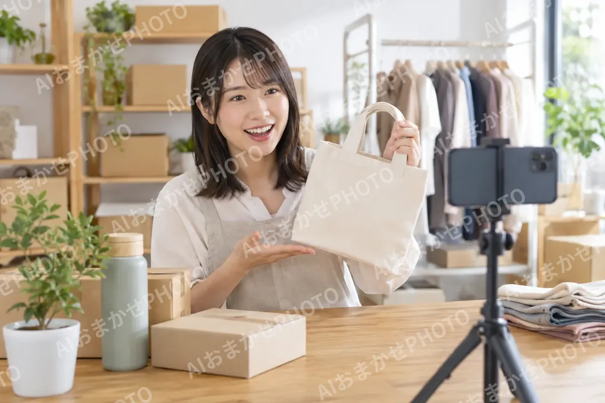 スマホで動画の配信をして商品を紹介する店主（ネットショップ・通販の写真 No.42）