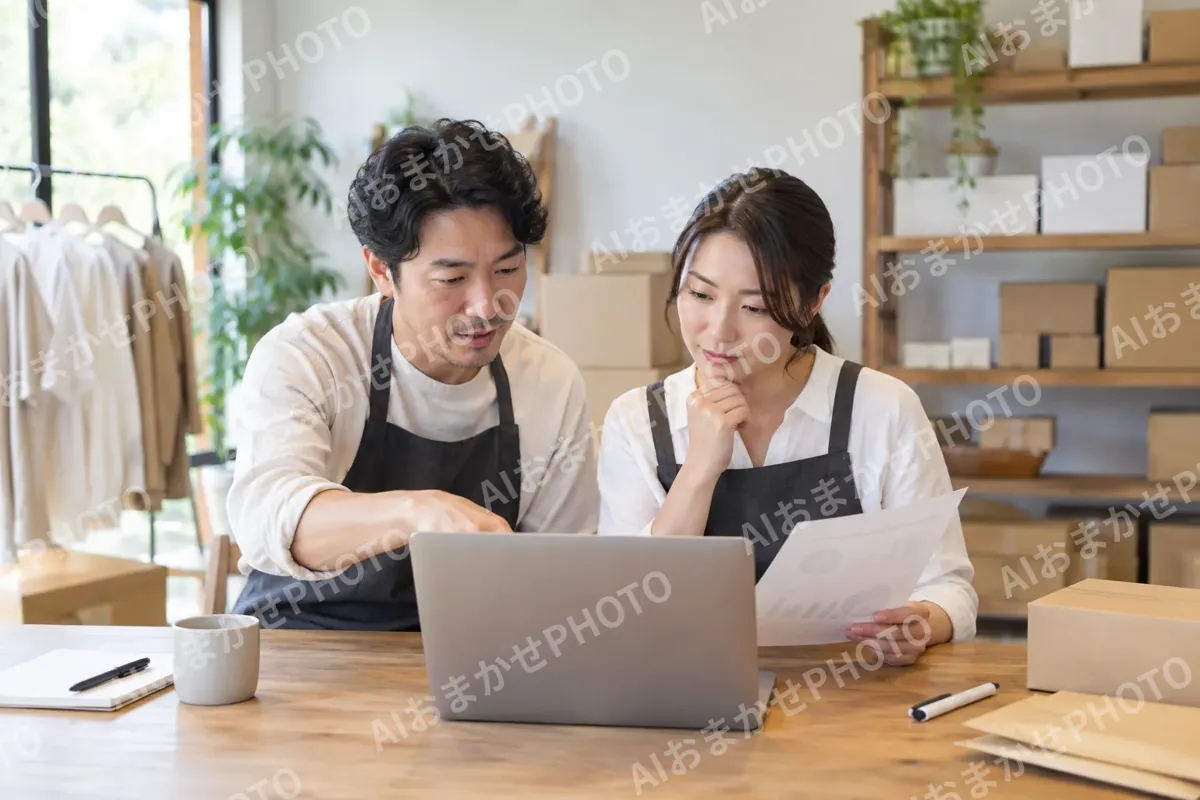 売り上げの表を見て話し合う店主とスタッフ（ネットショップ・通販の写真 No.43）
