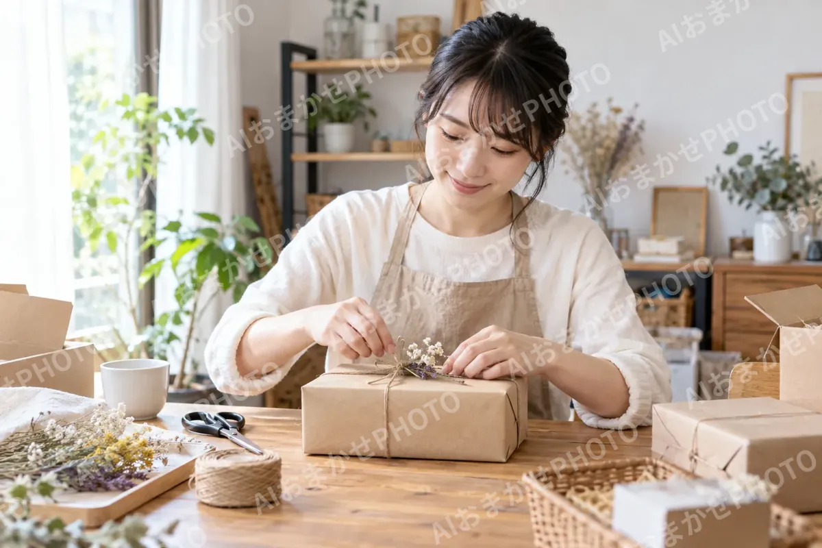 自宅の部屋で手作りの品を包む店主（ネットショップ・通販の写真 No.44）