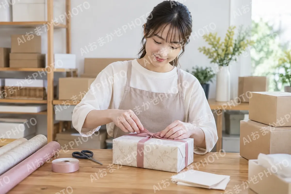 ギフト用の包装をするスタッフ（ネットショップ・通販の写真 No.45）
