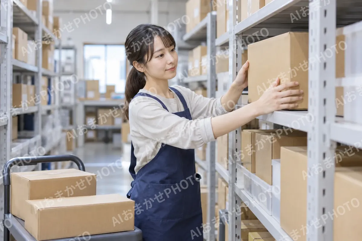 倉庫の棚に在庫をしまうスタッフ（ネットショップ・通販の写真 No.46）
