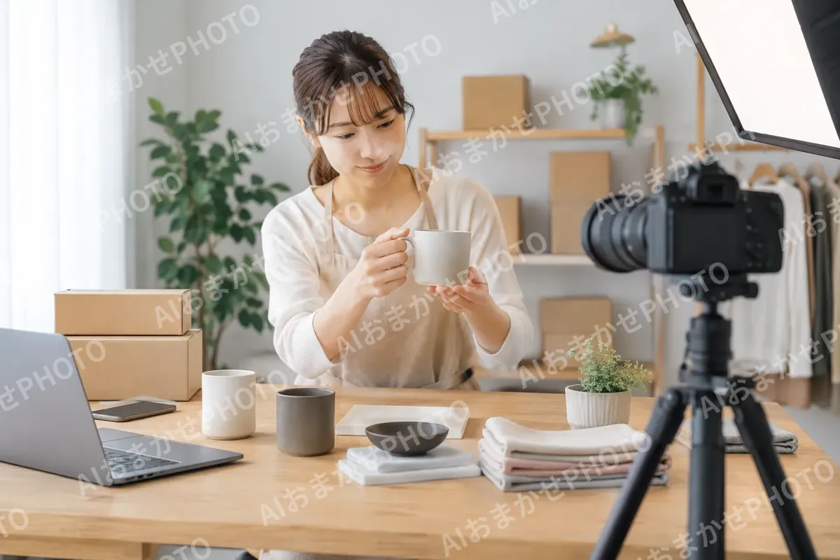 撮影の道具と商品がならんだ机（ネットショップ・通販の写真 No.48）