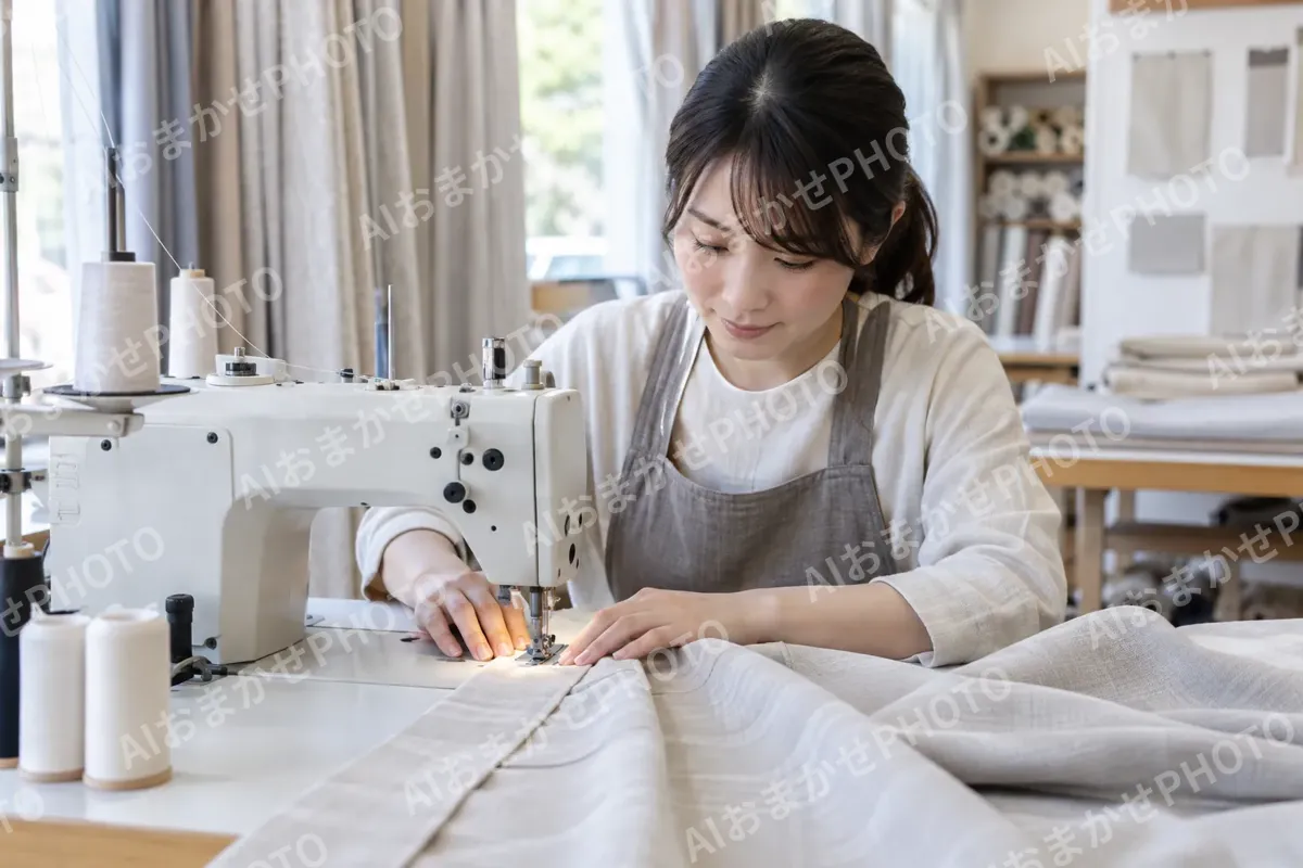 ミシンでカーテンをぬう職人（寝具・カーテンの写真 No.25）