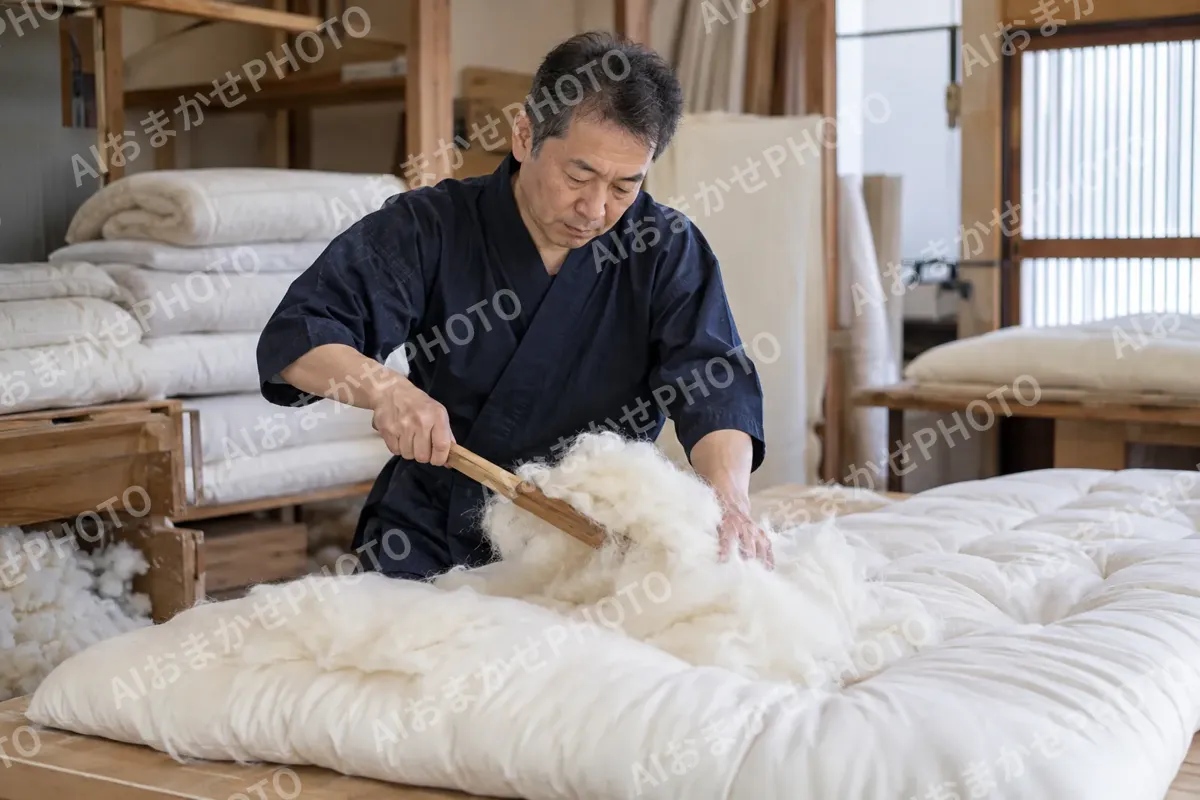 ふとんの打ち直しをする職人（寝具・カーテンの写真 No.26）