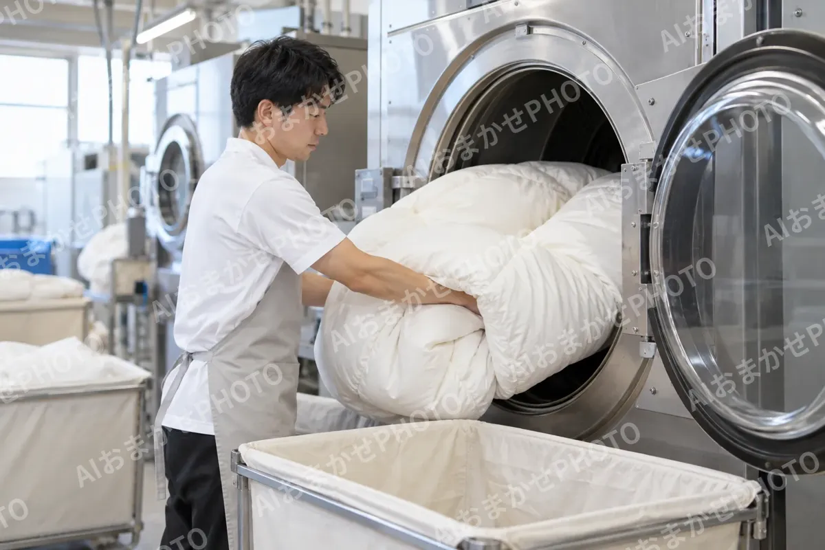 ふとんを丸洗いする機械に入れる作業員（寝具・カーテンの写真 No.27）