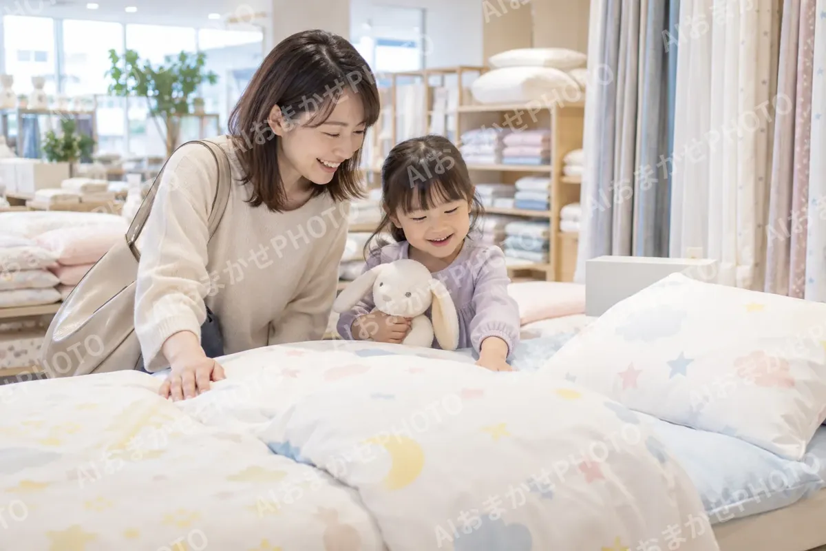 子ども用のふとんを選ぶ親子（寝具・カーテンの写真 No.28）