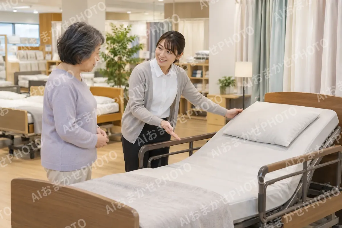 介護用のベッドを説明する店員（寝具・カーテンの写真 No.30）