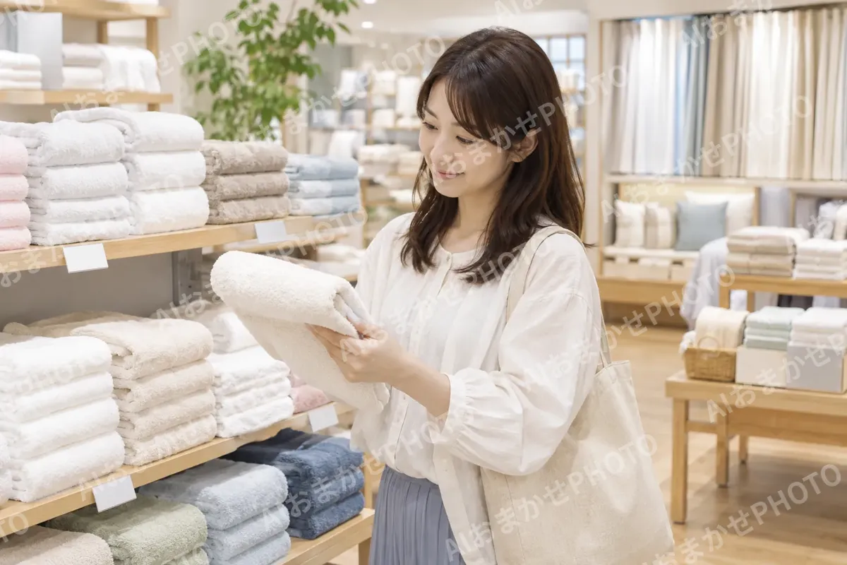 タオルの売り場で選ぶお客様（寝具・カーテンの写真 No.31）