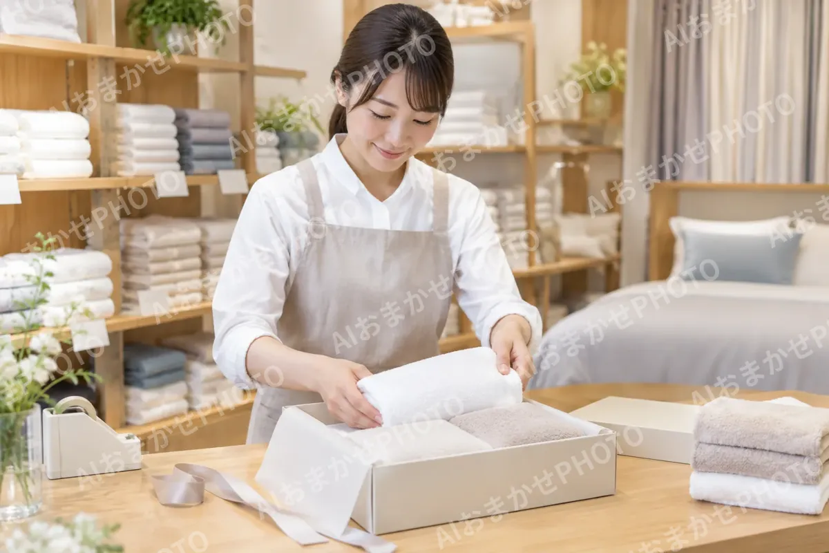 贈り物のタオルを箱につめる店員（寝具・カーテンの写真 No.32）