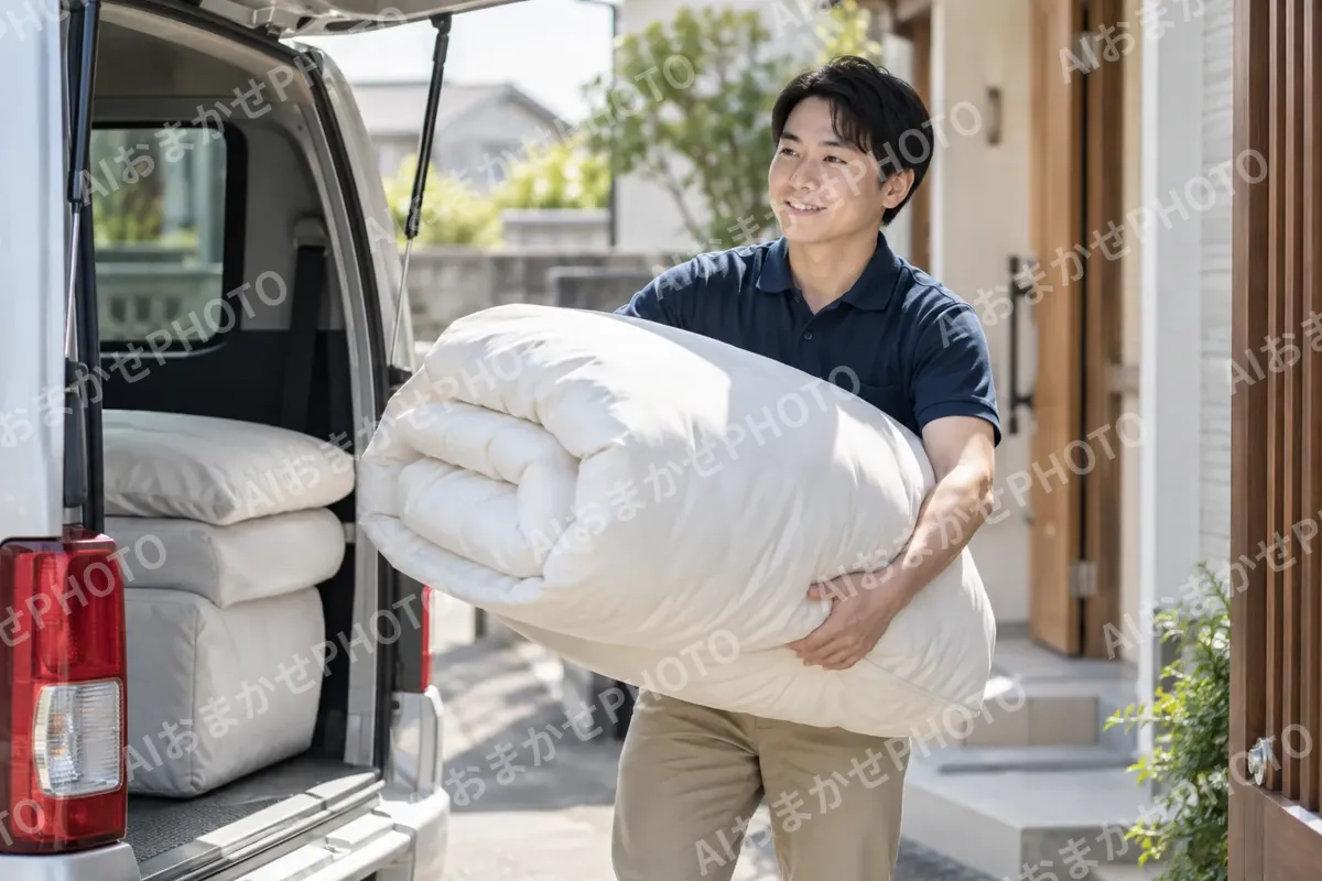 ふとんを車に積んでとどける店員（寝具・カーテンの写真 No.33）