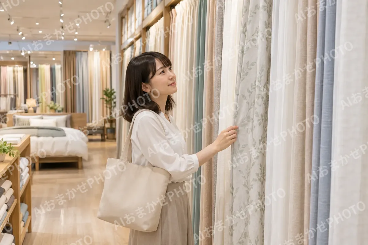 カーテンがずらりとかかった売り場（寝具・カーテンの写真 No.36）