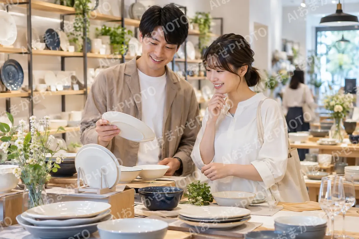 結婚のお祝いの食器を選ぶお客様（食器・キッチン用品の写真 No.25）
