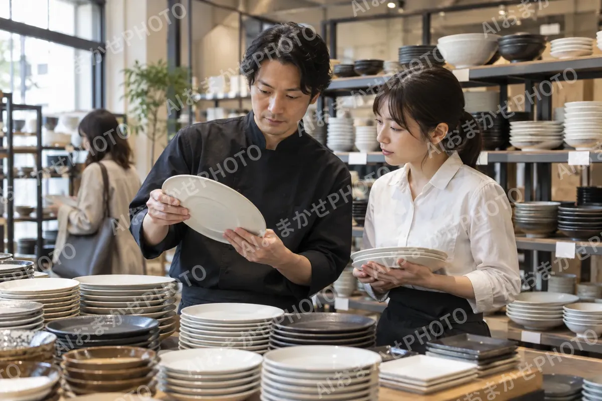 業務用の皿をまとめて選ぶ飲食店の人（食器・キッチン用品の写真 No.26）