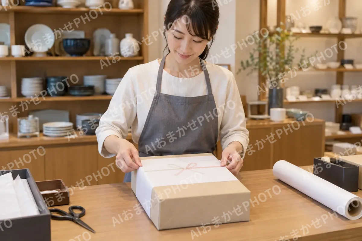 箱に入れてのし紙をかける店員（食器・キッチン用品の写真 No.28）