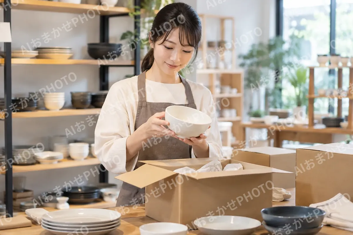 届いた器を箱から出して調べる店員（食器・キッチン用品の写真 No.29）